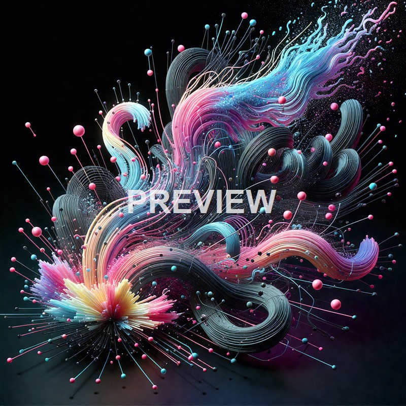 An abstract digital artwork featuring flowing, colorful ribbons and spherical elements on a dark background, creating a sense of motion and depth.